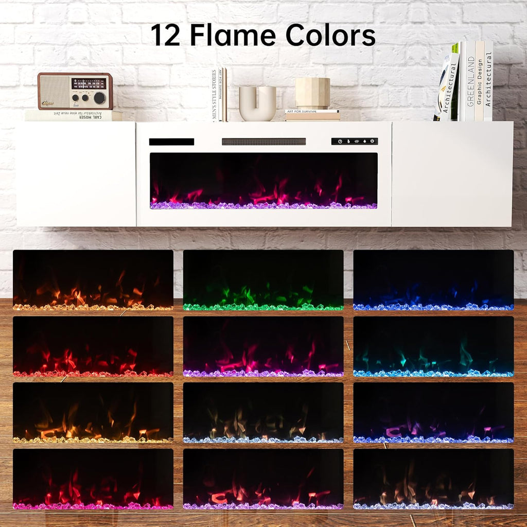 Real Relax 70" Floating TV Stand with 36" Electric Fireplace, Wall Mounted Entertainment Center with Storage, Remote Control, Modern LED Lights Fireplace TV Console for TVs Up to 80", All White