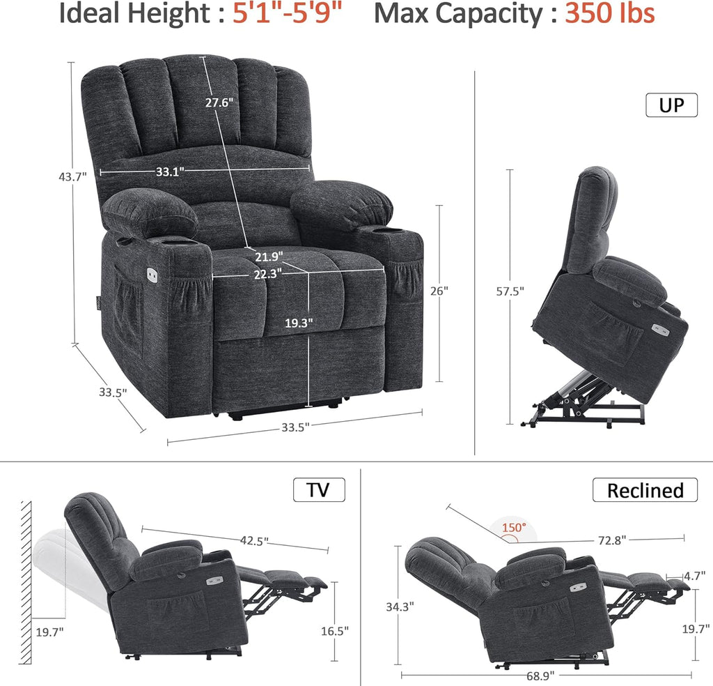 MCombo Power Lift Recliner Chair for Elderly, Lift Chair with Heat and Massage, USB &Type C Ports, Cup Holders, Fabric 7095 (Medium, Dark Grey)