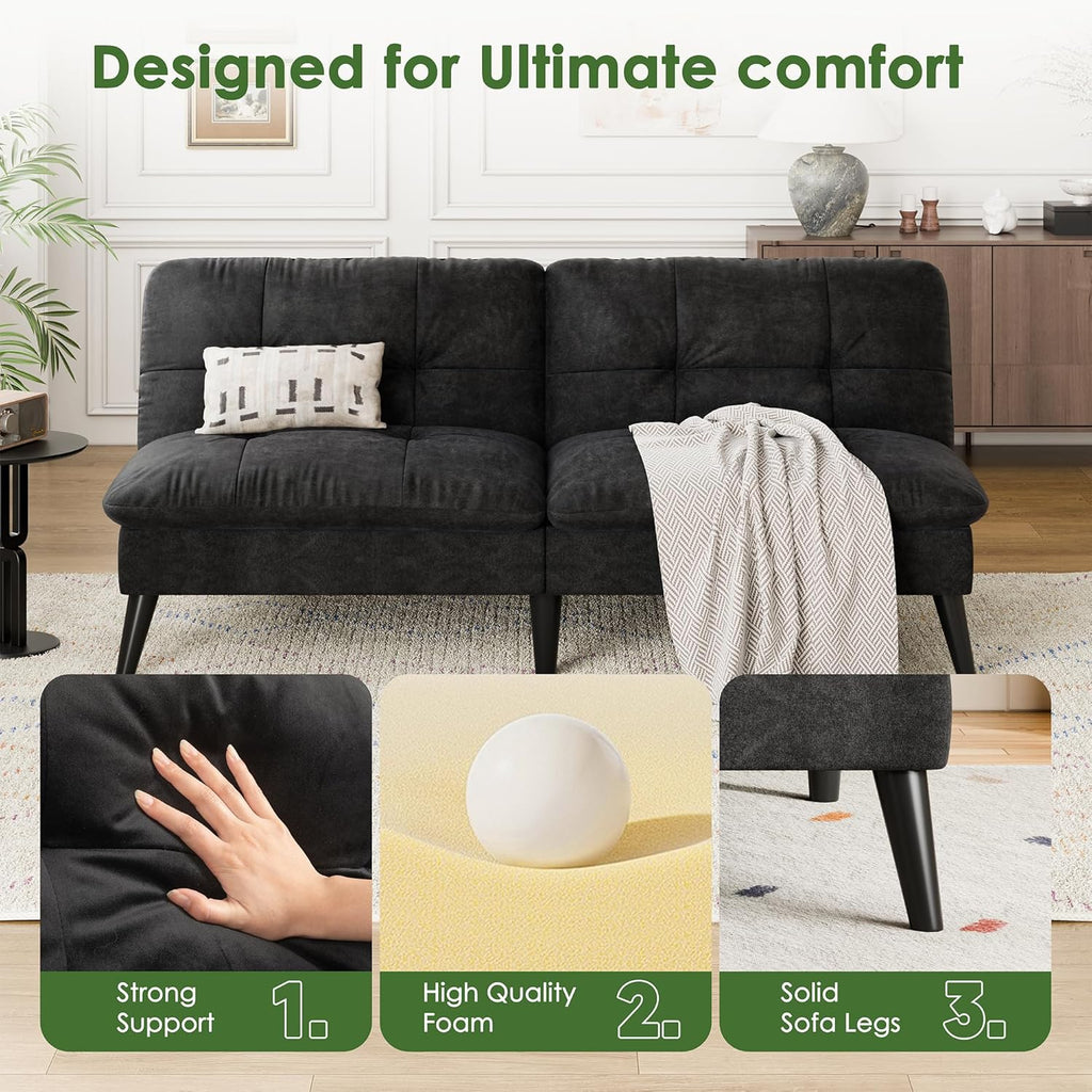 Vongrasig Futon Sofa Bed Velvet Futon Couch with Adjustable Backrest, Small Convertible Folding Sleeper Sofa Bed, Modern Loveseat for Living Room, Bedroom and Small Space, Black