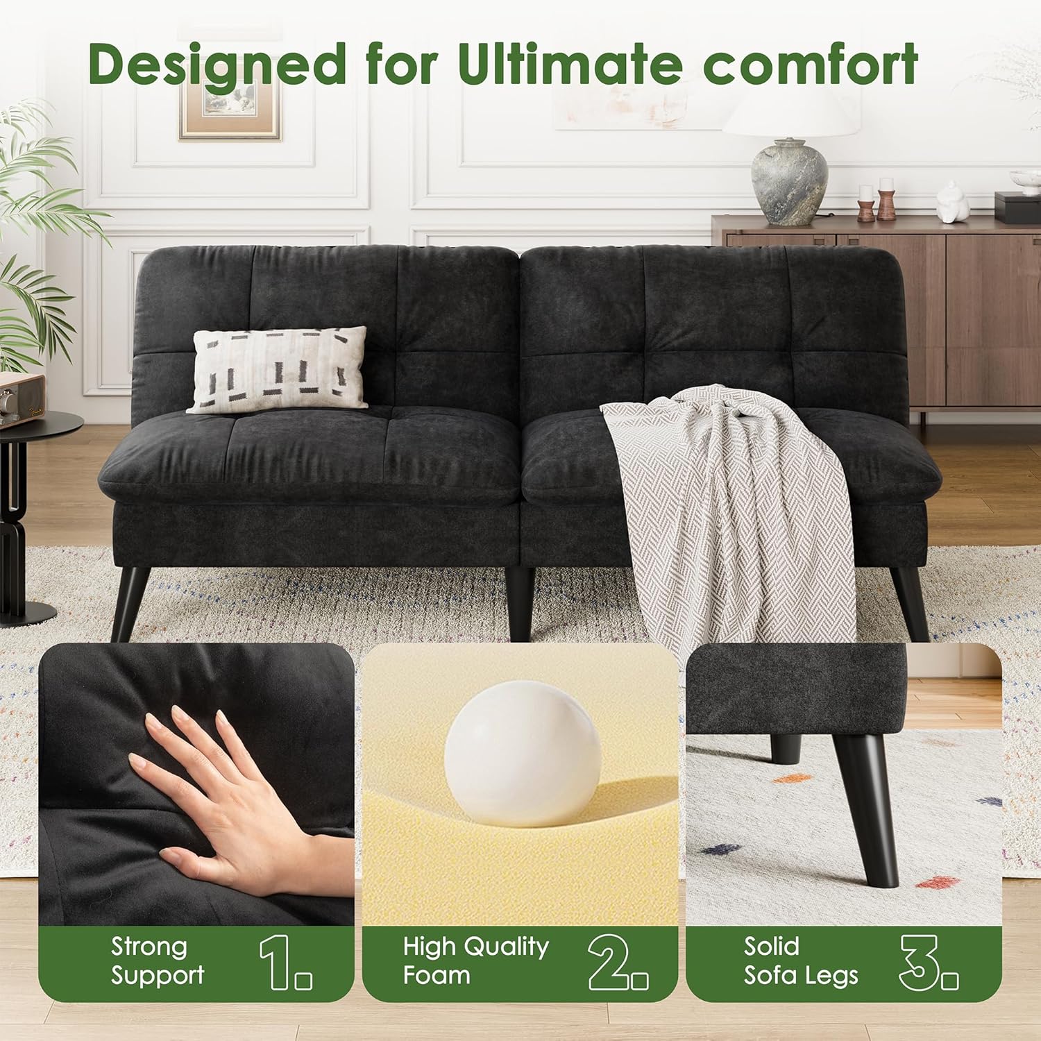 Vongrasig Futon Sofa Bed Velvet Futon Couch with Adjustable Backrest, Small Convertible Folding Sleeper Sofa Bed, Modern Loveseat for Living Room, Bedroom and Small Space, Black