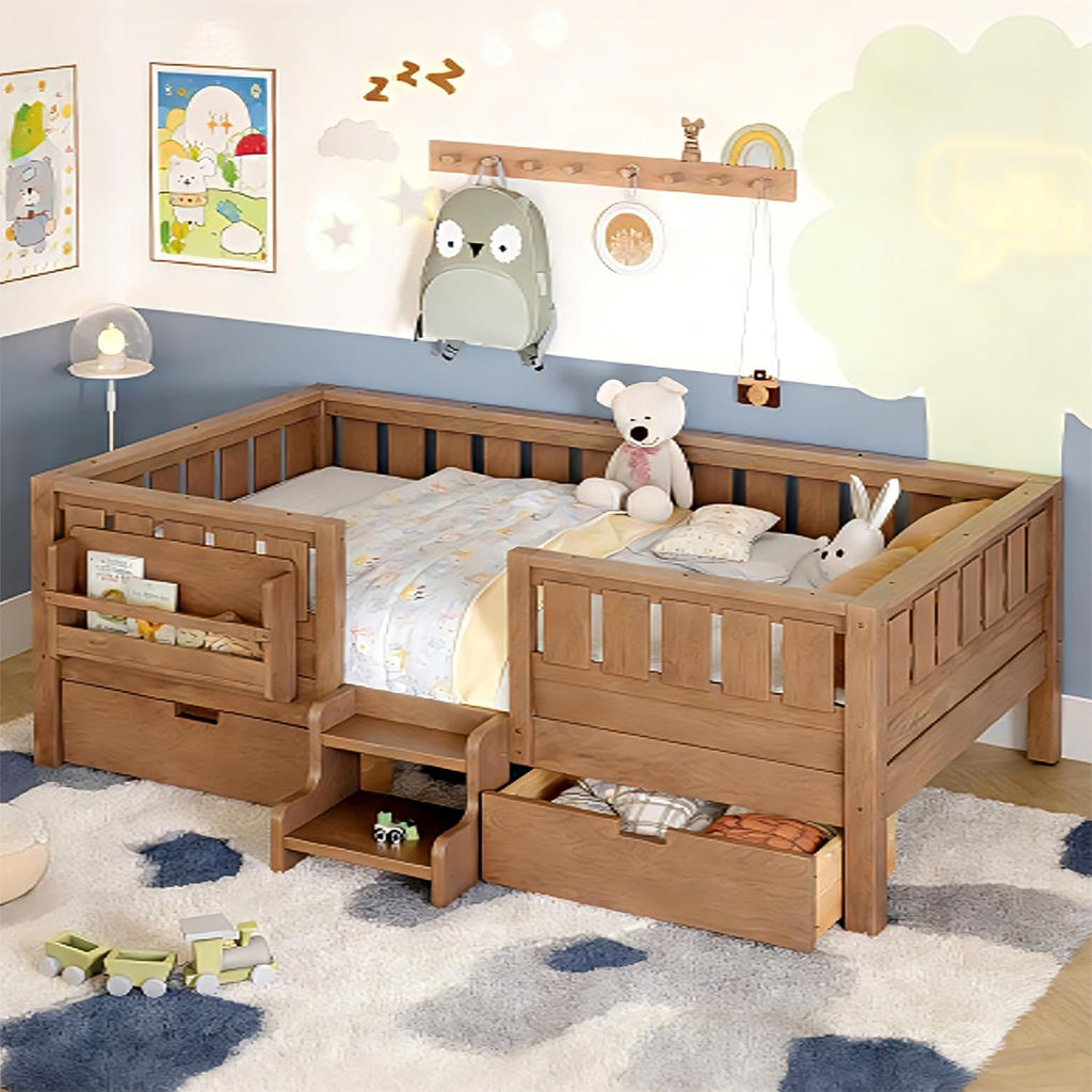Bellemave Twin Bed with Storage Drawers & Bookshelf, Low Profile Kids Bed Frame with Staircase & Full Length Guardrails, Solid Wood Twin Bed for Kids with Slats Load 300LBS, Easy Assembly, Oak Brown
