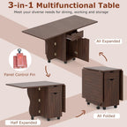 Giantex 3-in-1 Folding Dining Table for 4-6, 69-Inches Drop Leaf Kitchen Table with 2 Drawers and 2 Cabinets, Lockable Wheels, Foldable Dinner Tables for Small Spaces, Dinette (Walnut)