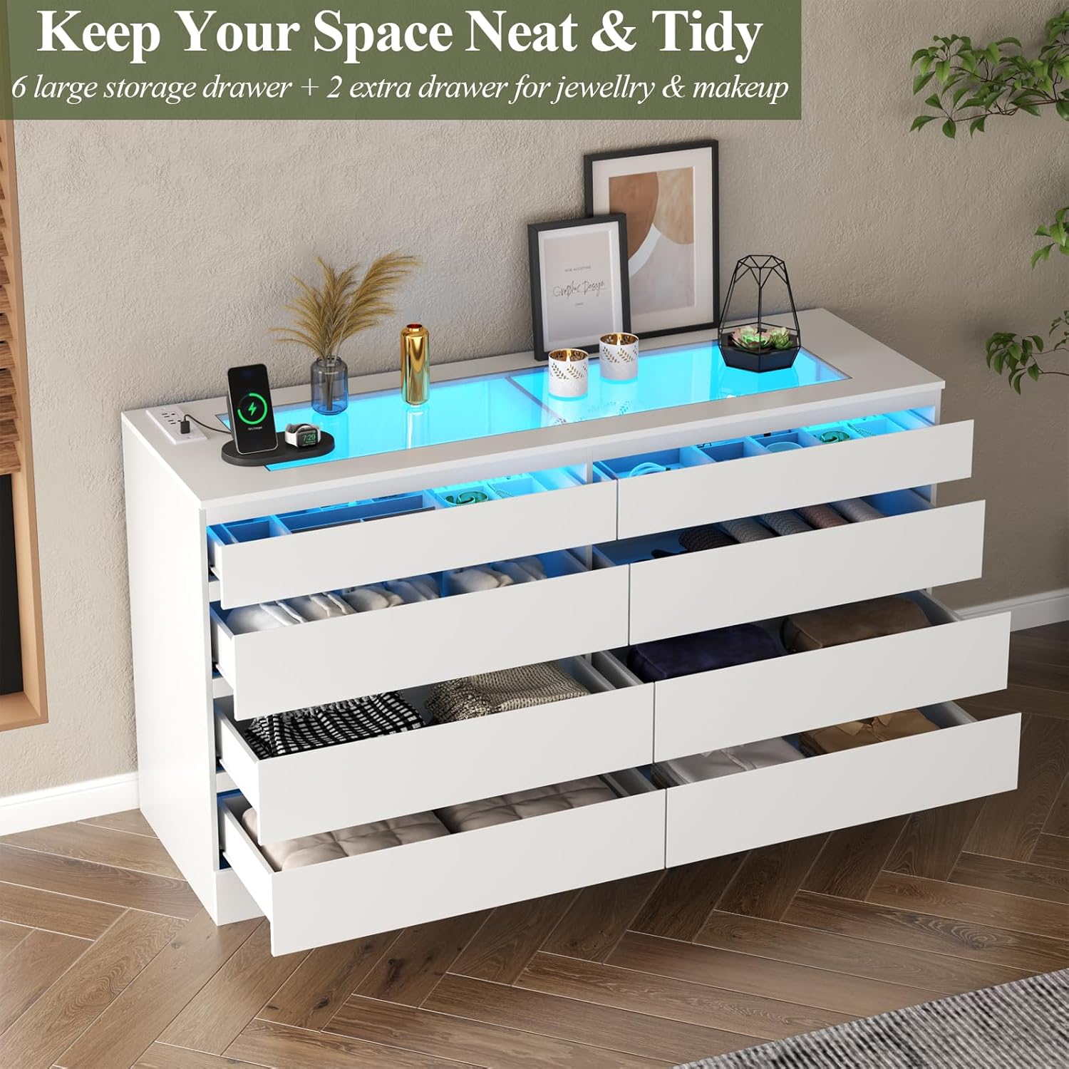 8 Drawer Dresser with Power Outlet, Modern Chest of Drawers with LED Light & Glass Top, Wood Double Dresser TV Stand with Organizer Storage for Bedroom, Living Room, Closet (White)