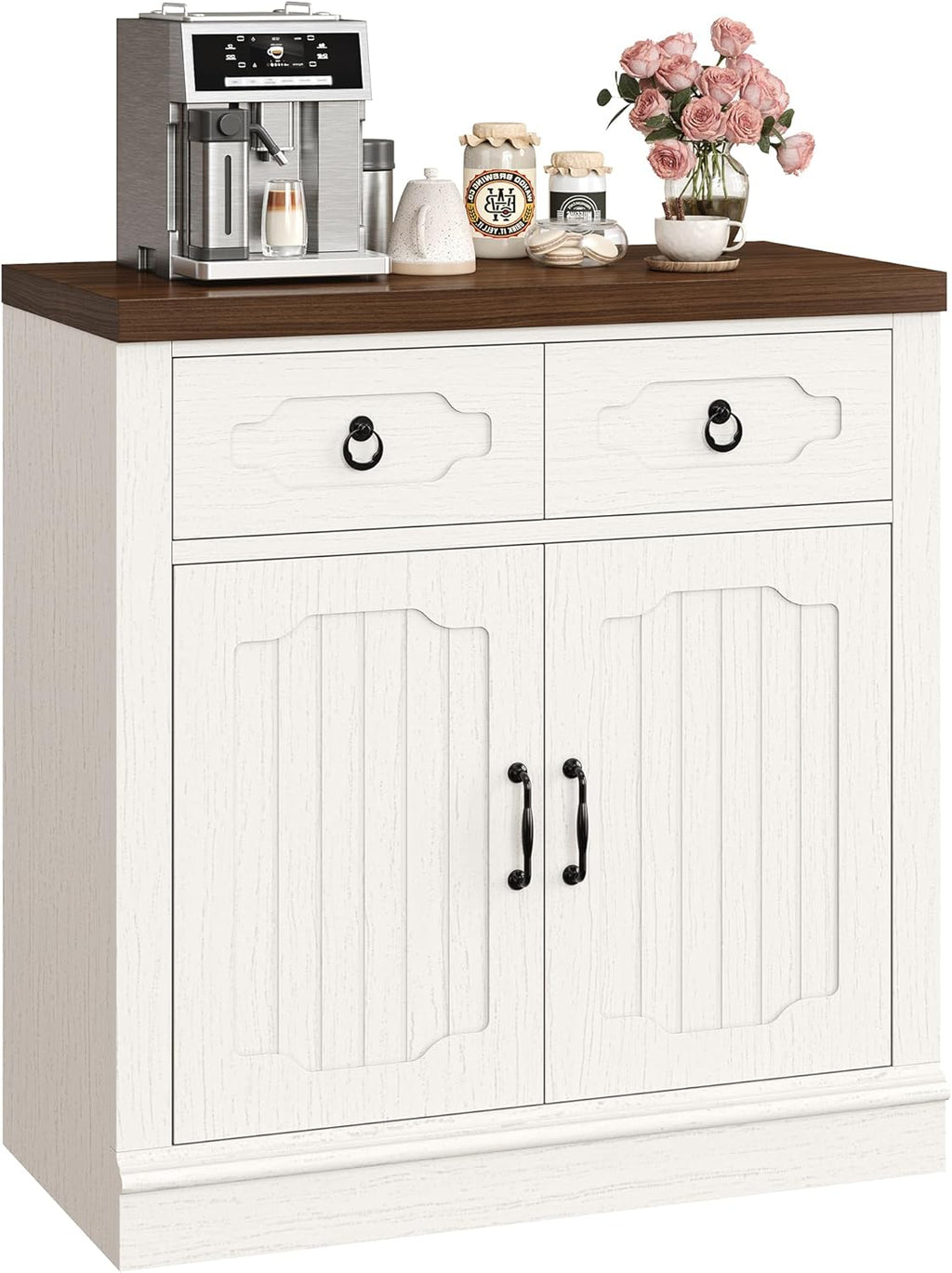 LIKIMIO Storage Cabinet with Doors and Shelves, Farmhouse Kitchen Cabinet with 2 Drawers and Adjustable Shelf, Coffee Bar Cabinet Buffet Sideboard Cabinet for Dining Room, Bathroom, Entryway, White
