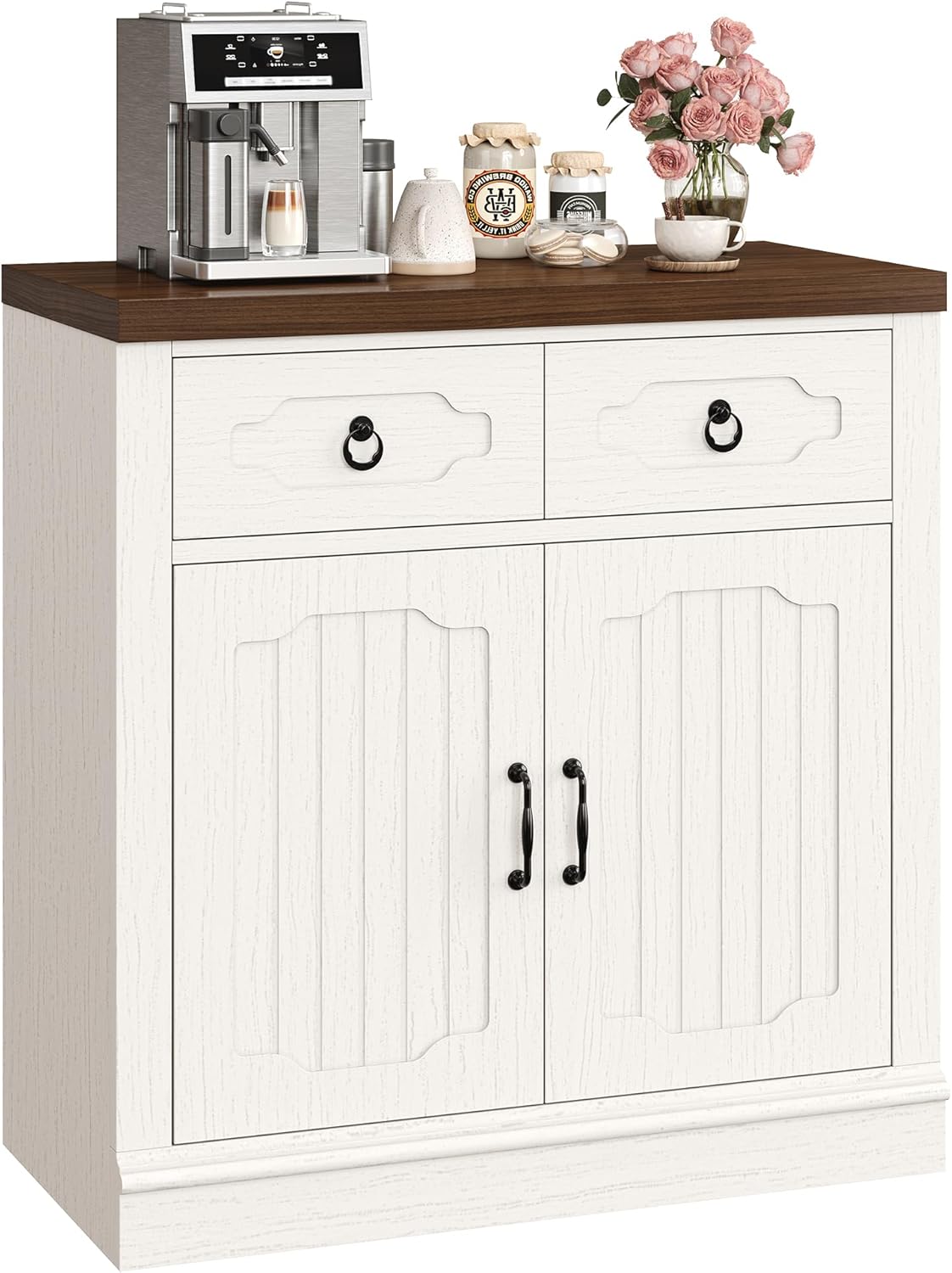 LIKIMIO Storage Cabinet with Doors and Shelves, Farmhouse Kitchen Cabinet with 2 Drawers and Adjustable Shelf, Coffee Bar Cabinet Buffet Sideboard Cabinet for Dining Room, Bathroom, Entryway, White
