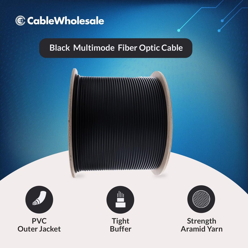 CableWholesale 1000ft Black 24-Strand Fiber Optic Cable Multimode 50/125 OM3  Corning ClearCurve  Plenum Rated  Indoor/Outdoor High-Speed 10G Networking