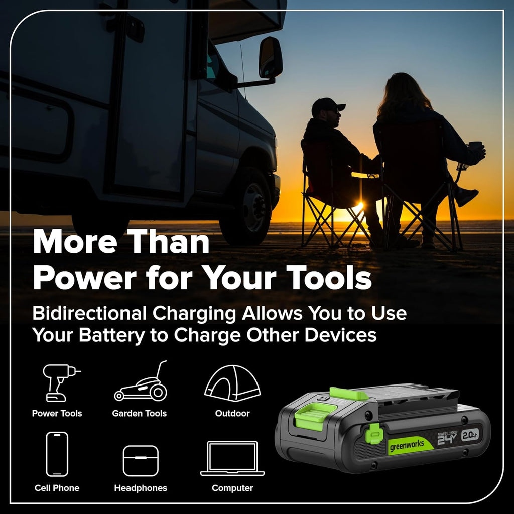 GREENWORKS 24V 1/2” Brushless Cordless Drill (400 In-lbs.) + 6.5” Circular Saw (4,800 RPM), (2) 2.0Ah (12,000mAh Power Bank) USB-C Batteries, Braided Cable, 65W Rapid Charger