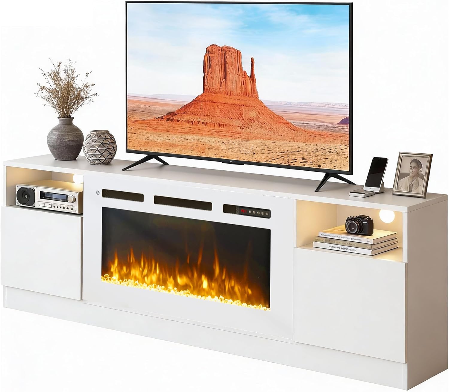 70" Fireplace TV Stand, LED Light Entertainment Center for TVs Up to 80", High-Gloss Door, Modern TV Console for Living Room with Storage Cabinet, White+White