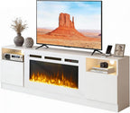 70" Fireplace TV Stand, LED Light Entertainment Center for TVs Up to 80", High-Gloss Door, Modern TV Console for Living Room with Storage Cabinet, White+White