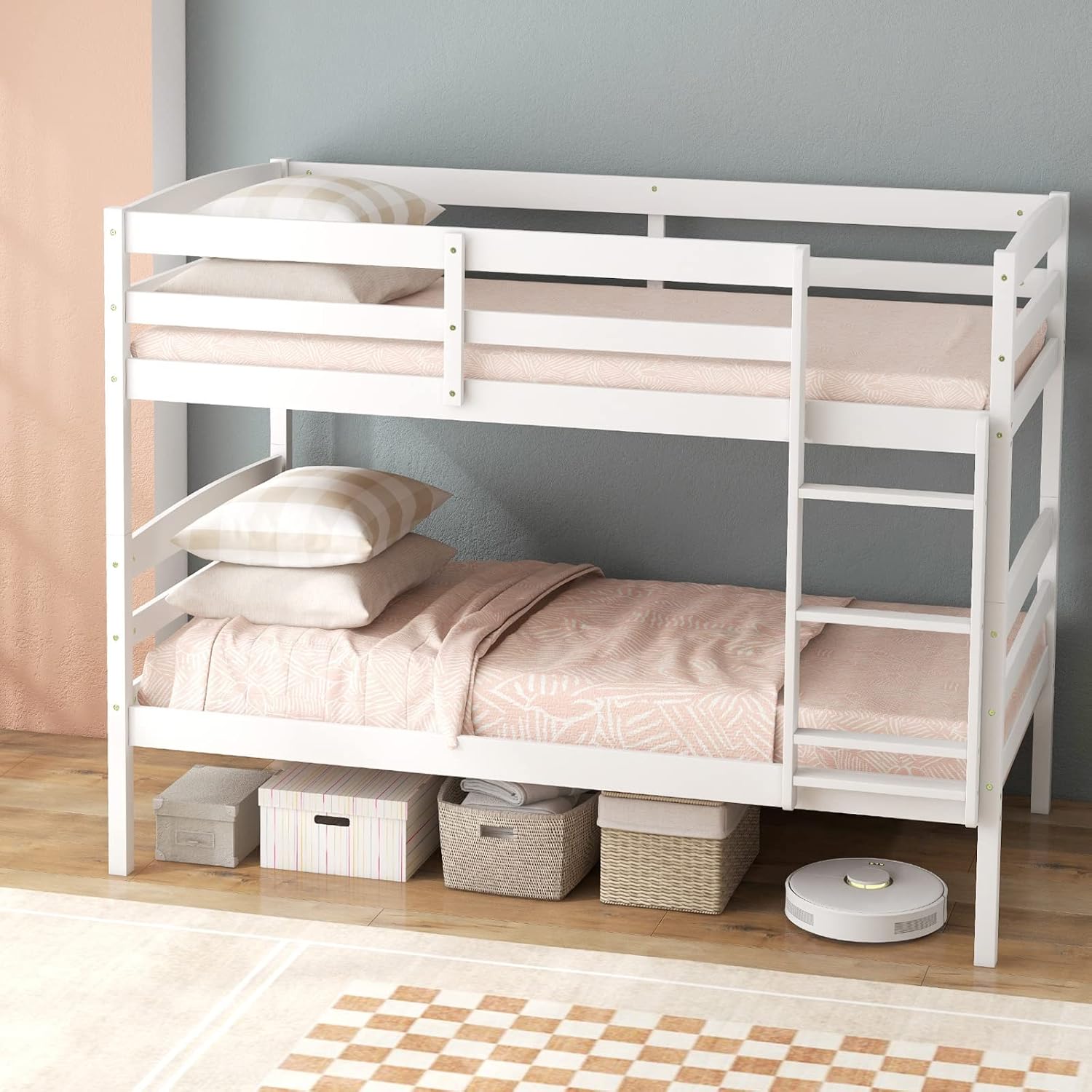 KOMFOTT Bunk Bed Twin Over Twin, Bunk Bed Frame w/Full-Length Guardrail & Integrated Ladder, Wood Bunk Bed for Small Space, Converts to 2 Individual Beds for Kids & Adults, No Box Spring Needed