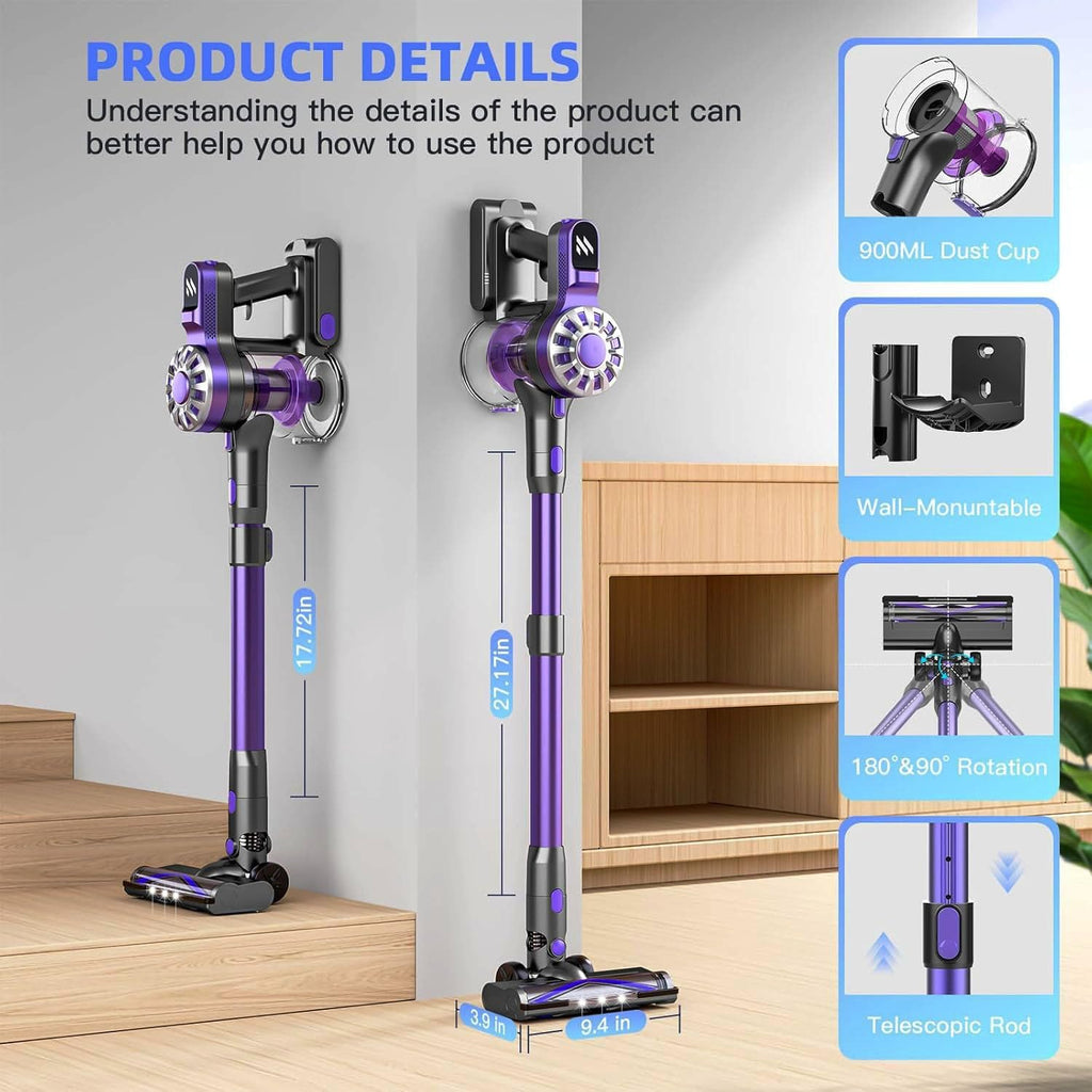 Cordless Vacuum Cleaner for Home,Lightweight Stick Vacuum Cordless Rechargeable with Power Suction, Up to 35 Mins Runtime, Hardwood Floor Vacuum for Pet Hair,Carpets,Tile(Black)