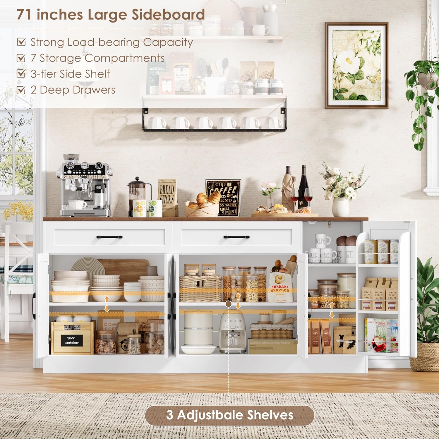 71” Large Sideboard Buffet Cabinet with Storage, Farmhouse Buffet Cabinet with Adjustable Shelves and 3 Door Shelves, Wood Coffee Bar Console Table for Kitchen, Dining Room (White)