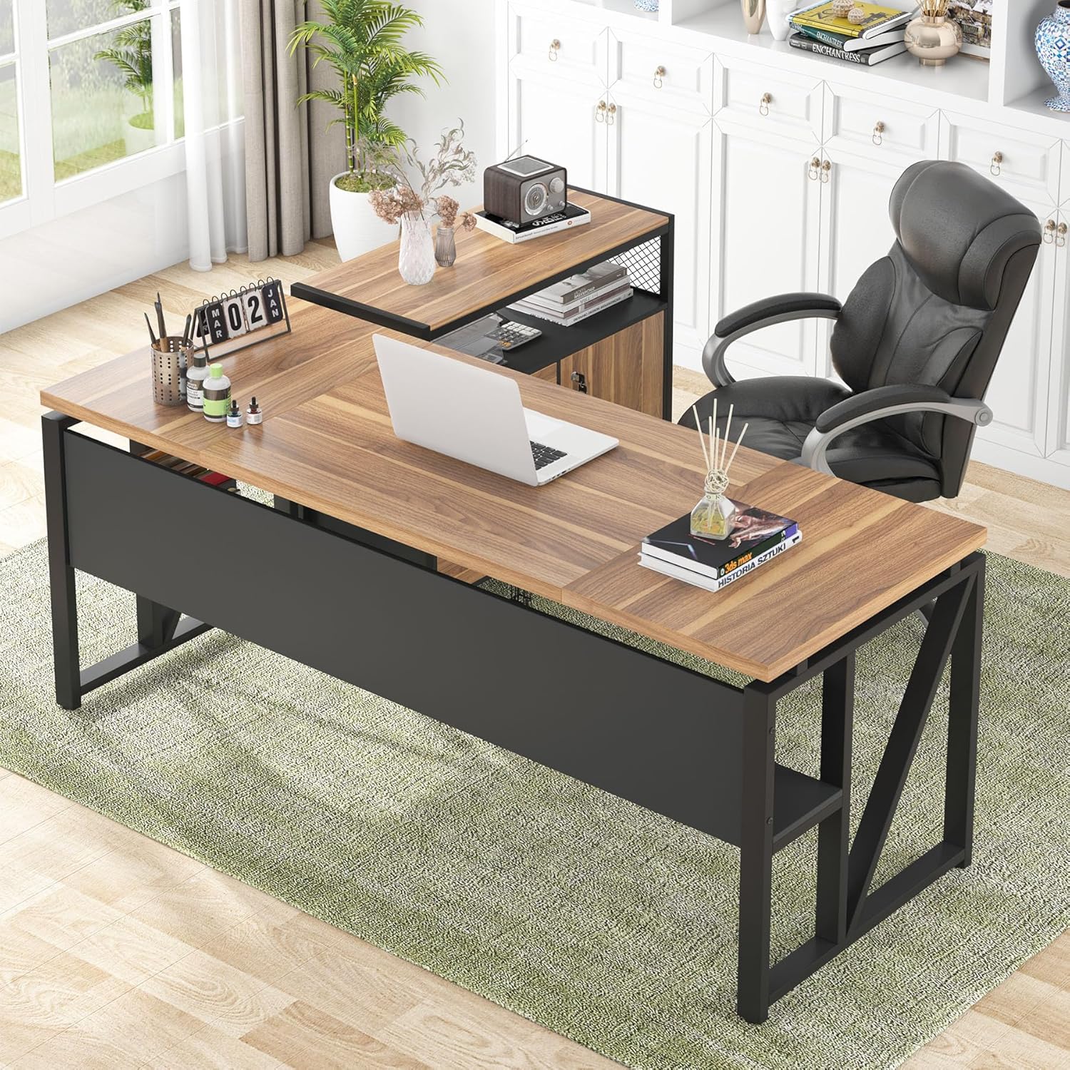 Tribesigns 63" Executive with Drawer Cabinet, L Shaped Desk and Lock lateral File Cabinet, 2 Piece Home Office Furniture Set with Drawers for Hanging File, (Brown, 63 inches)