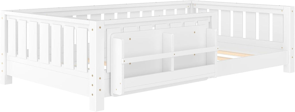 Bellemave Twin Floor Bed with Slats and Safety Guardrail, Twin Size Montessori Floor Bed with Fence and Built-in Bookshelf, Easy Assemble Montessori Beds for Kids, Girls, Boys, White
