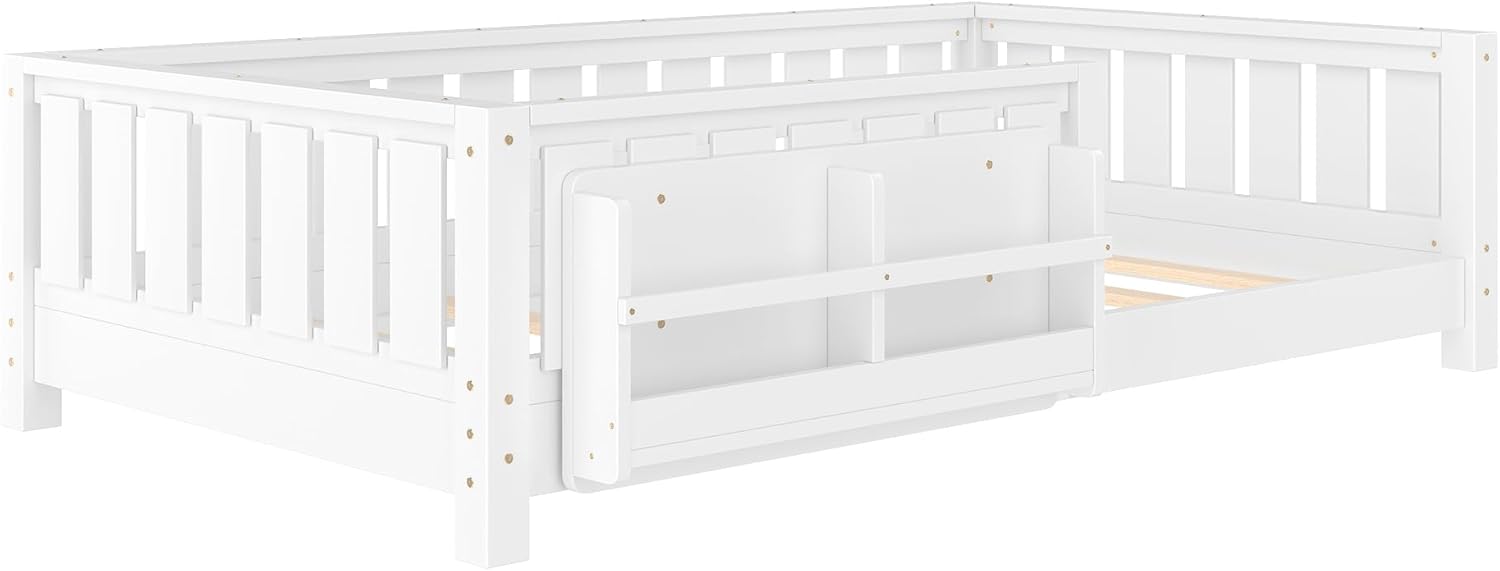 Bellemave Twin Floor Bed with Slats and Safety Guardrail, Twin Size Montessori Floor Bed with Fence and Built-in Bookshelf, Easy Assemble Montessori Beds for Kids, Girls, Boys, White