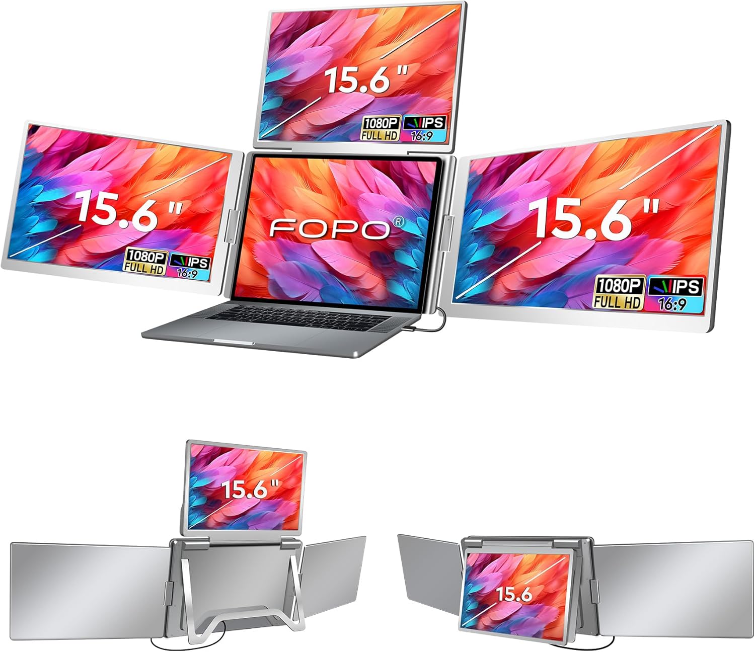 FOPO 15.6" Laptop Screen Extender Monitor Portable  Quad Monitor  Just 1 Cable for 3 Screens  FHD 1080P IPS Laptop Extender Compatible with Wins/Mac for 13.6" - 17.3" Laptops
