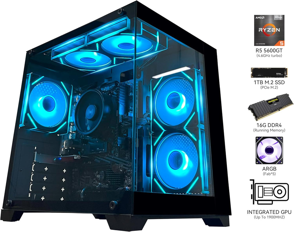Gaming PC Desktop Computer AMD Ryzen 5 5600GT 16GB DDR4 3200MHz 1TB M.2 NVMe PCle 550W 80PLUS PSU WiFi Game Design Office Console Sea View Room  Towers Prebuilt PC (Black)