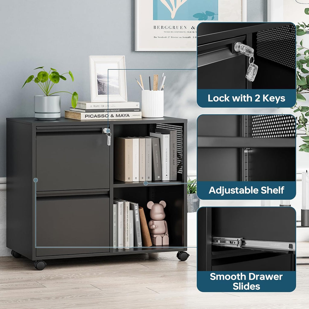 MIIIKO 2 Drawer File Cabinet on Wheels, Metal Filing Cabinets with Shelf, Home Office Mobile File Cabinet with Lock, Printer Stand Storage A4, Letter Size File Folders
