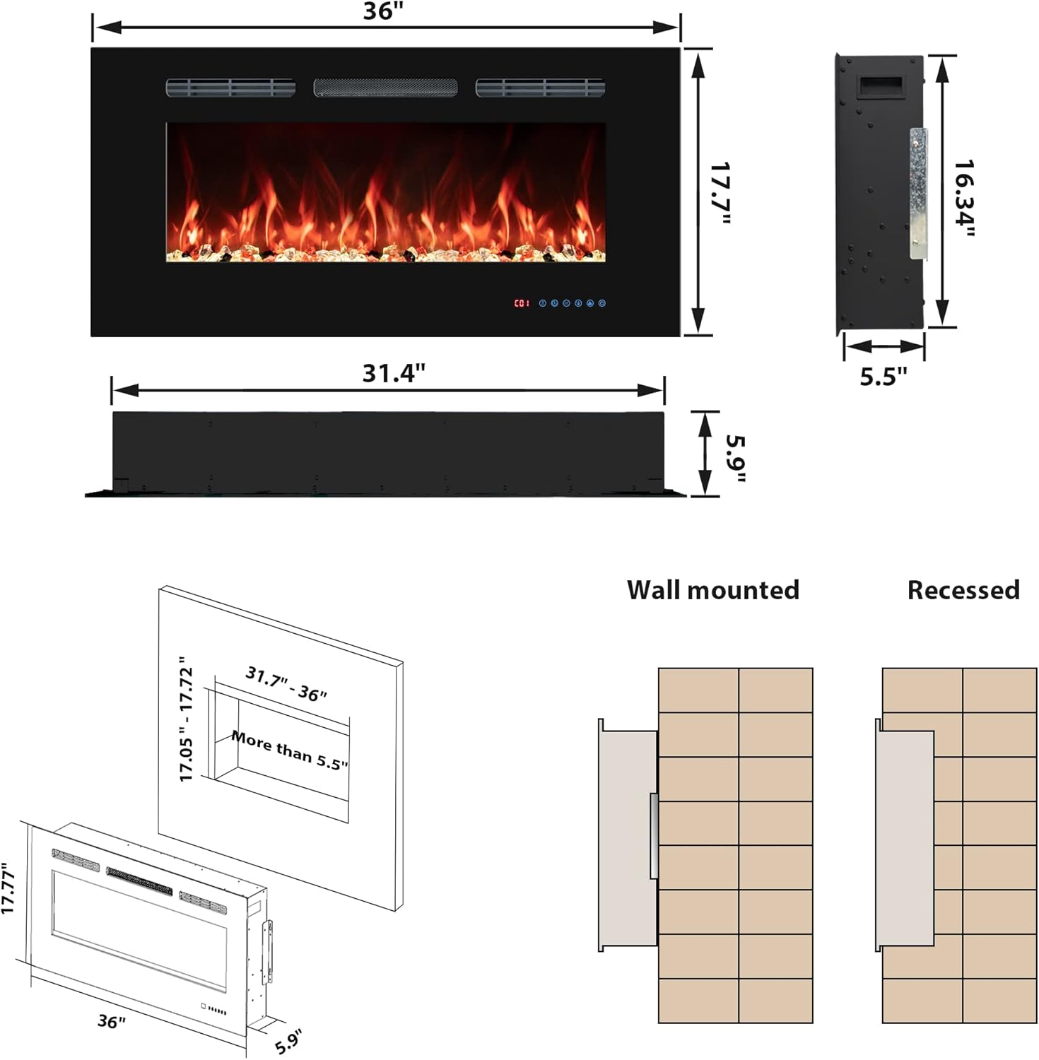 36" Electric Fireplaces Inserts, Recessed & Wall-Mounted Fireplace Heater with Thermostat, Multicolor Flames,Timer, Log & Crystal, 750/1500W