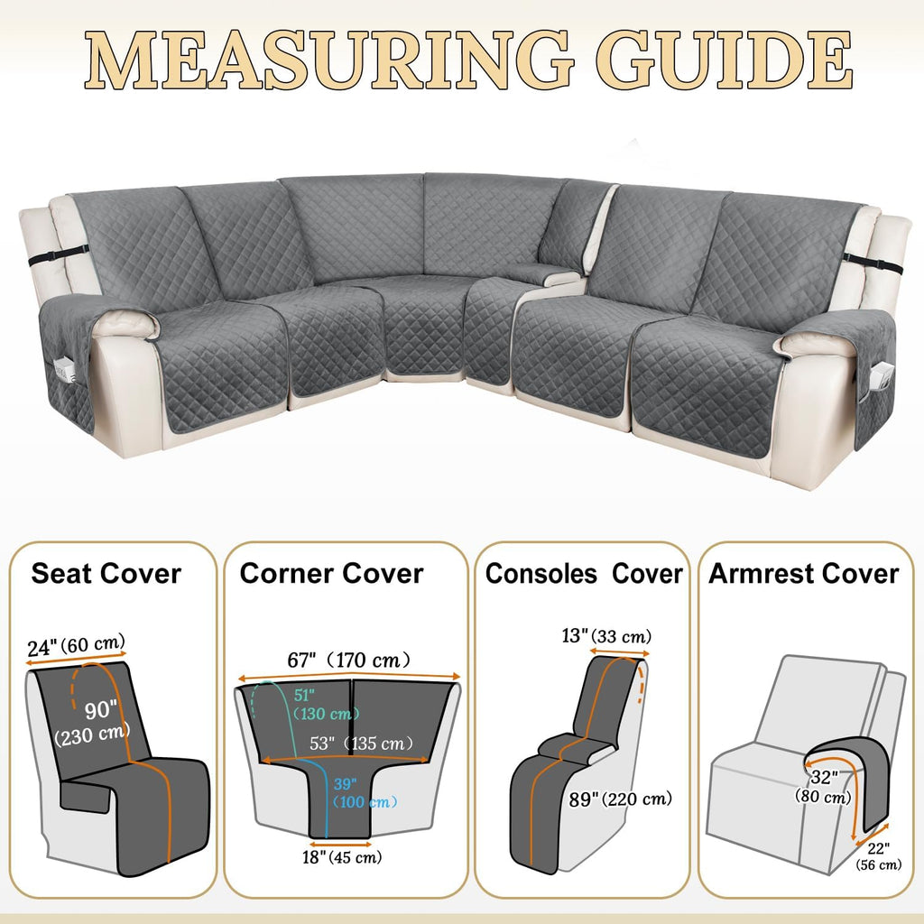HDCAXKJ 100% Waterproof Velvet Recliner Sectional Couch Covers L Shaped Corner Reclining Sofa Cover Washable Thick Non Slip Sectional Slipcover with Pockets (5 Seat and 1 Middle Console, Grey)