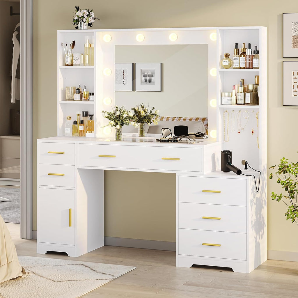 Hasuit 48.8'' Large Vanity Desk with Lighted Mirror & Power Outlet, White Makeup Vanity Table with 6 Drawers, 4 Shelves and 1 Storage Cabinet, Glass Tabletop Bedroom Dressing Table, 3 Lighting Modes