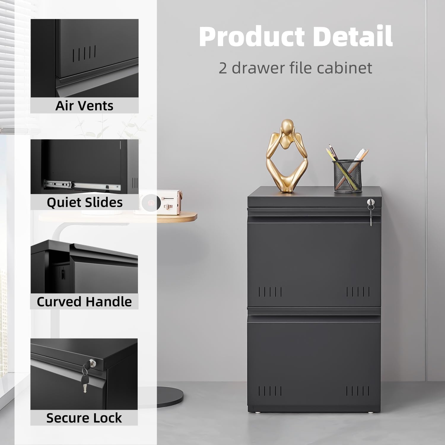 Approgreent 2 Drawer File Cabinets for Home Office, Vertical File Cabinet with Lock, Office Cabinet for A4/Letter/Legal Size, Under Desk Filing Cabinet, Assembly Required(Black)
