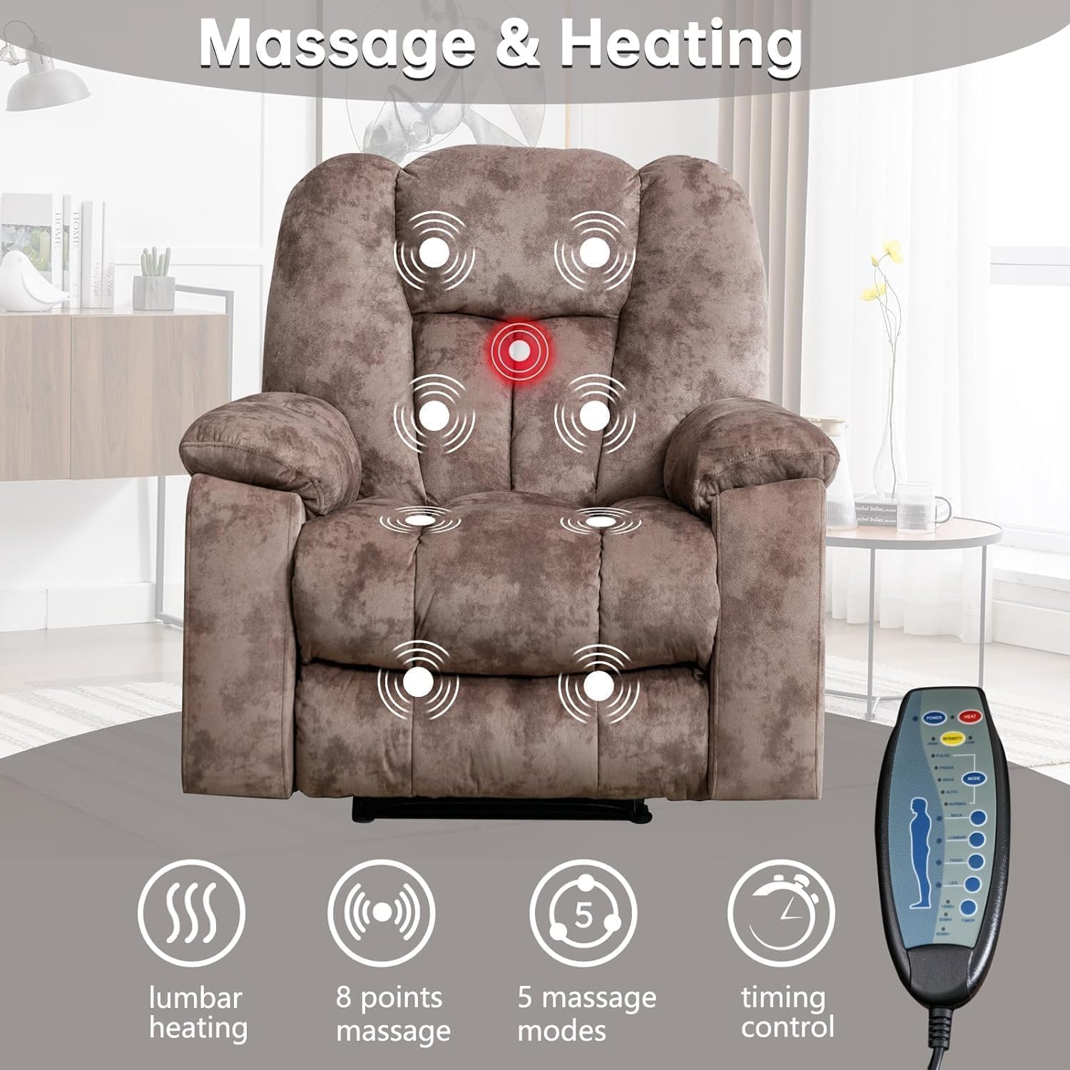 CANMOV Manual Reclining Chair-Overstuffed Recliner Chair with Cup Holder Side Pocket Footrest Fabric Recliners for Living Room Bedroom, Apricot