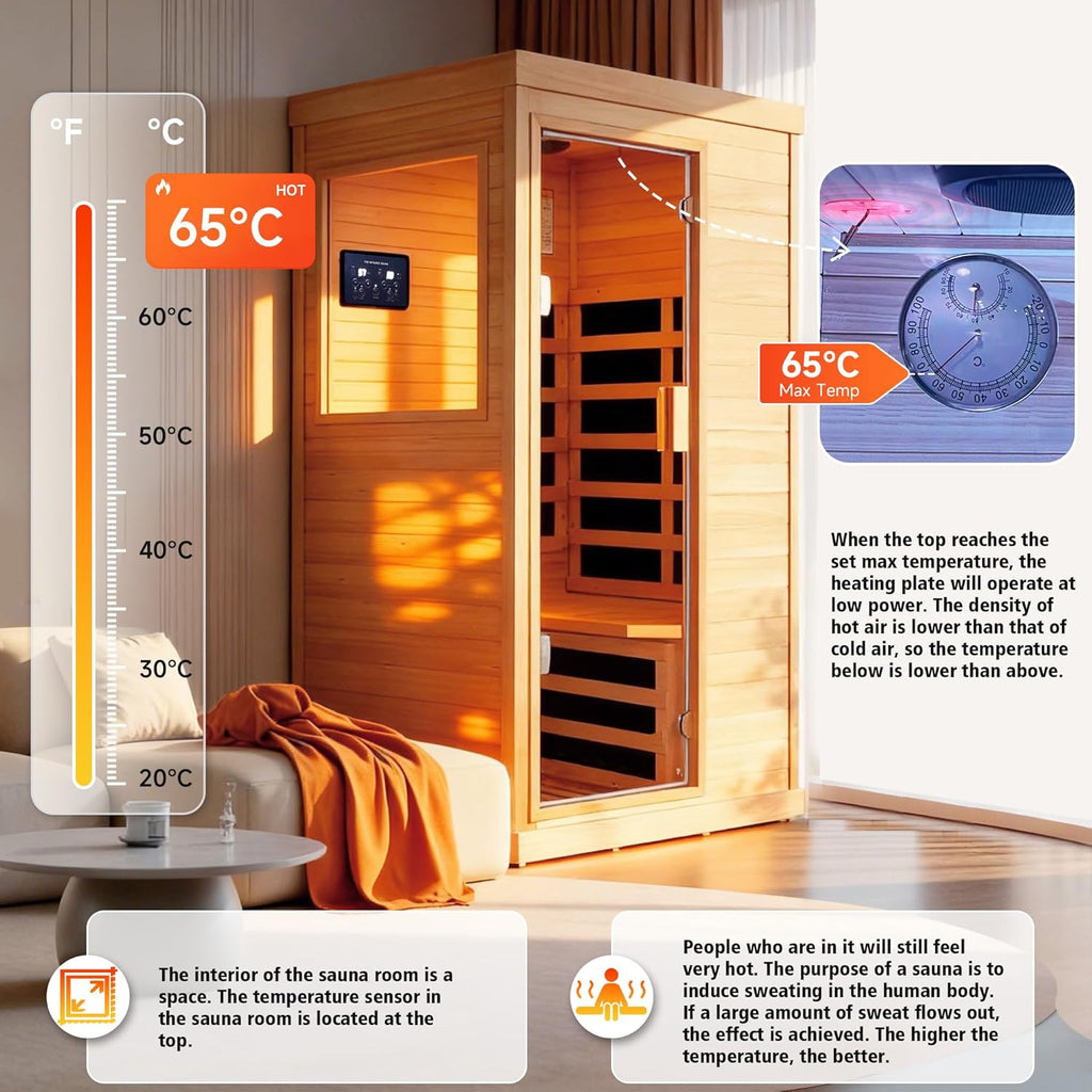 Far Infrared Sauna Home Sauna Spa Room Canadian Hemlock Wood 1200W Indoor Saunas Low EMF 110V with 7 Color Light and Tempered Glass Door  Room: 35.2 * 27.6 * 61.6Inch