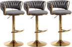 Velvet Bar Stools Set of 3, Counter Height Barstools with Low Back, Gold Swivel Bar Stool for Kitchen Island, Pub (Grey)