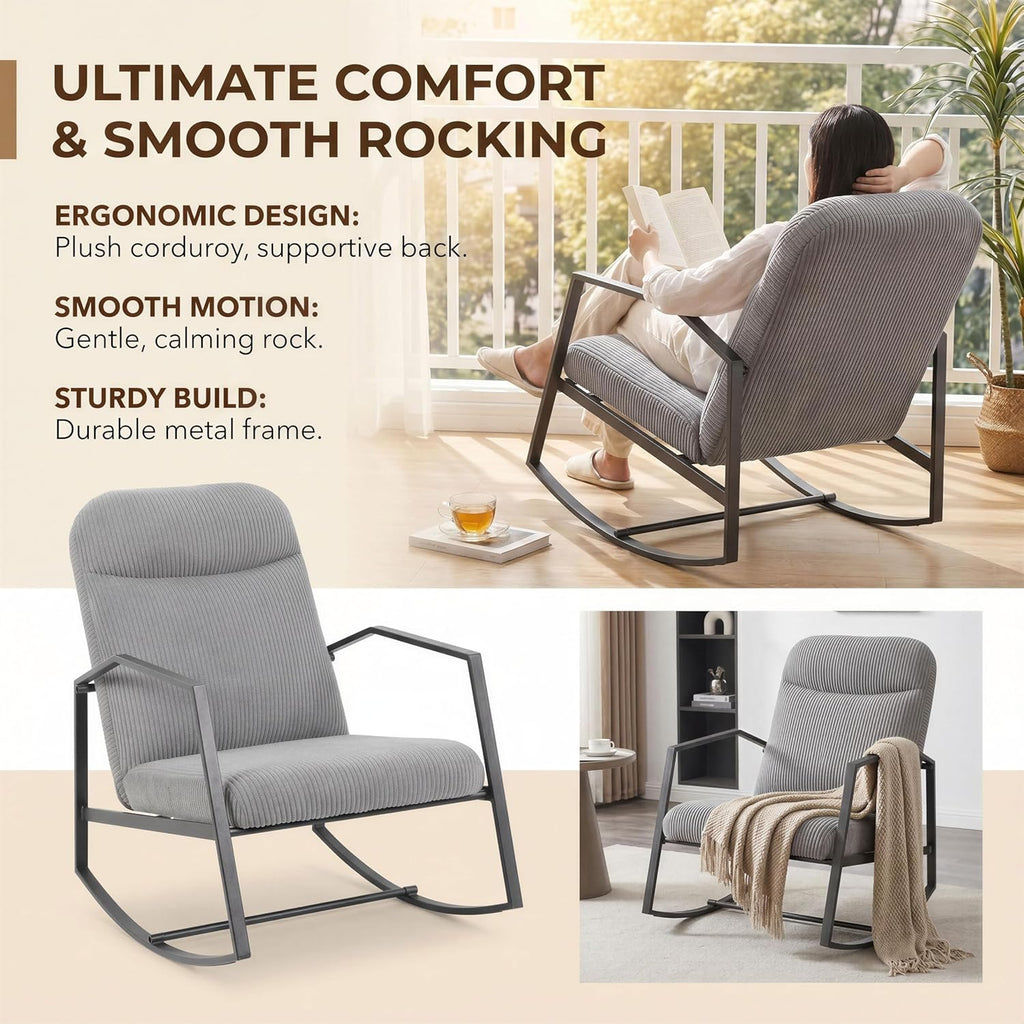 Kinfant Mid Century Modern Rocking Chair, Corduroy Upholstered Accent Chair with Metal Frame, High Back Nursery Glider Rocker, Comfy Reading Lounge Chair for Living Room Bedroom Small Space (Grey)