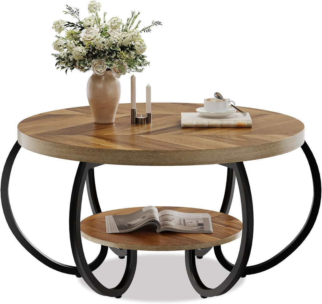 GarveeHome Round Coffee Table 30 in Center Table, 2-Tier Coffee Table Industrial Center Tables with Adjustable Feet, Living Room Tables with Storage Shelf and Designed Wood Grain, Easy Assemble