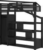 Bellemave Queen loft Bed with Storage Stairs, Wardrobe, Shelves, Metal Queen Size Loft Bed Frame for Adults, Kids, Teens, Black with Black Woodgrain