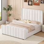 HOMBCK Queen Bed Frame, Upholstered Platform Bed Frame Queen Size with Vertical Channel Tufted Headboard & Footboard, Wingback Design/Noise Free/No Box Spring Needed/Easy Assembly, Cream