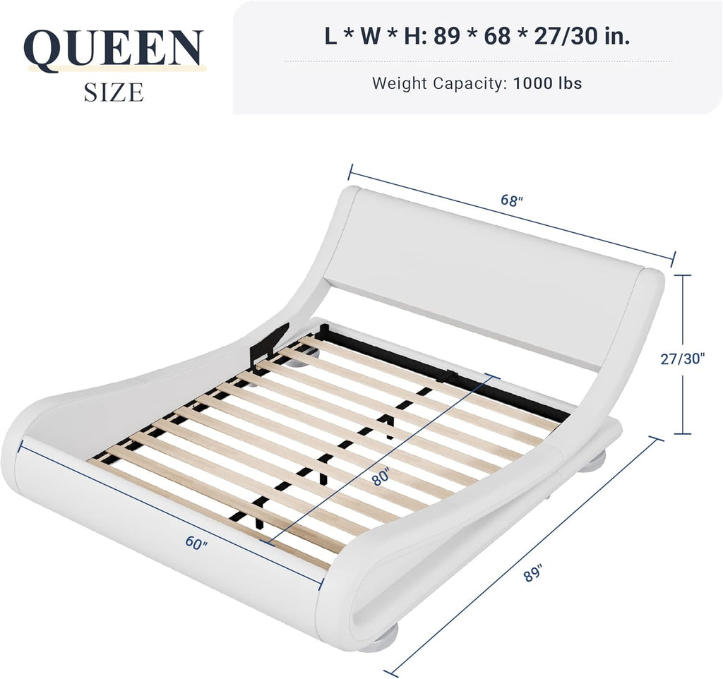 Allewie Queen Size Upholstered Platform Bed Frame with Ergonomic & Adjustable Headboard, Modern Low Profile Sleigh Design - Easy Assembly, No Box Spring Needed, White