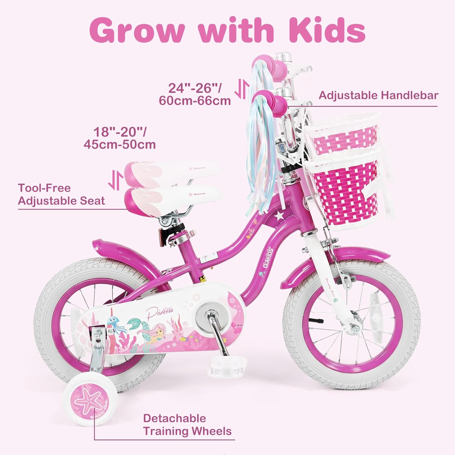 Olakids Kids Bike, 12 14 16 18 20 Inch Mermaid Theme Girls Bicycle with Training Wheels Basket Adjustable Seat and Handlebar Dual Brake