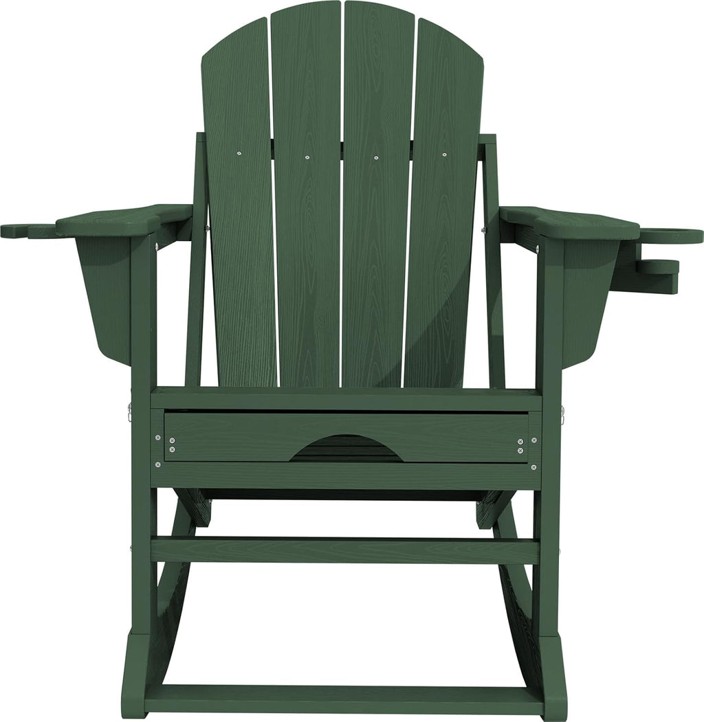 KINGYES Adirondack Rocking Chair with Retractable Ottoman and Cup Holders, HDPE Adirondack Rocker Patio Rocking Chair for Porch, Patio, Balcony, Dark Green