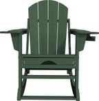 KINGYES Adirondack Rocking Chair with Retractable Ottoman and Cup Holders, HDPE Adirondack Rocker Patio Rocking Chair for Porch, Patio, Balcony, Dark Green