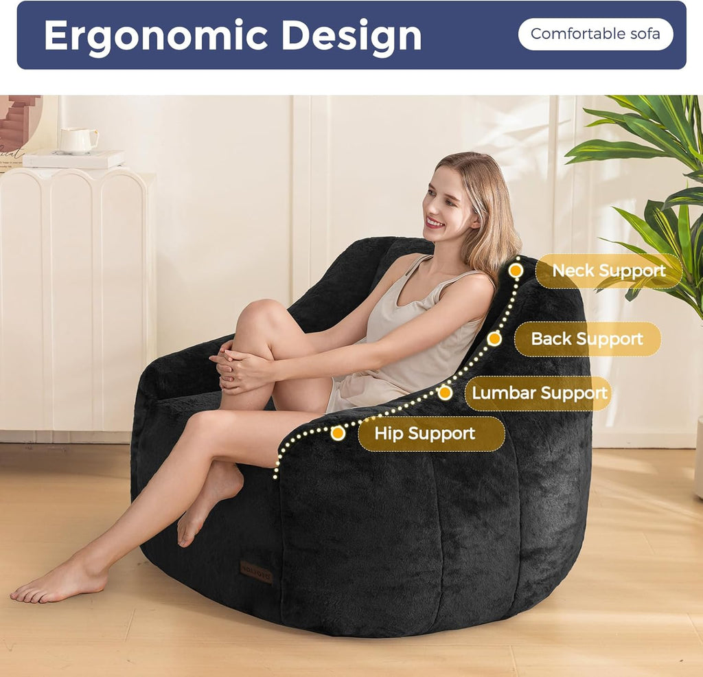 MAXYOYO Bean Bag Chair, Comfy Bean Bag Sofa with Back Support, Faux Fur Bean Bag Chair for Adults and Kids, Stuffed Floor Sofa for Living Room, Bedroom, Apartment, Black