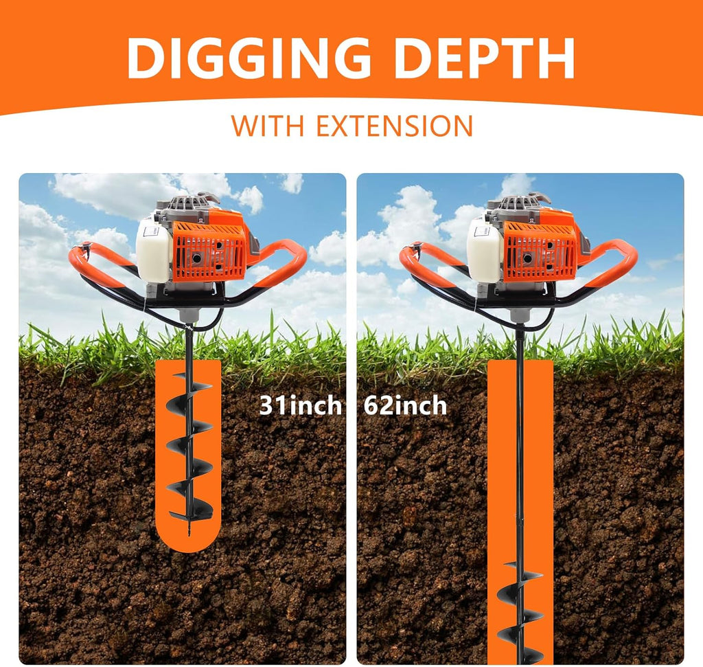 72CC Auger Post Hole Digger  2 Stroke Gas Powered Earth Post Hole Digger with 2 Auger Drill Bits(6" & 8") + 1 Extension Rods for Farm Garden Plant  Orange (72CC)