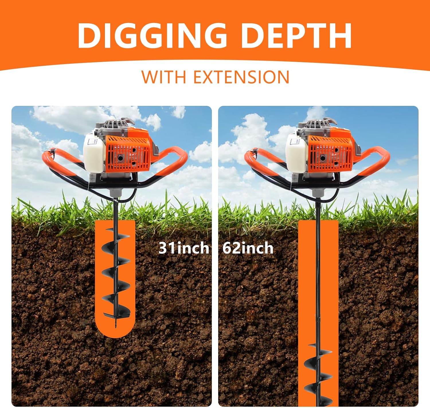 72CC Auger Post Hole Digger  2 Stroke Gas Powered Earth Post Hole Digger with 2 Auger Drill Bits(6" & 8") + 1 Extension Rods for Farm Garden Plant  Orange (72CC)