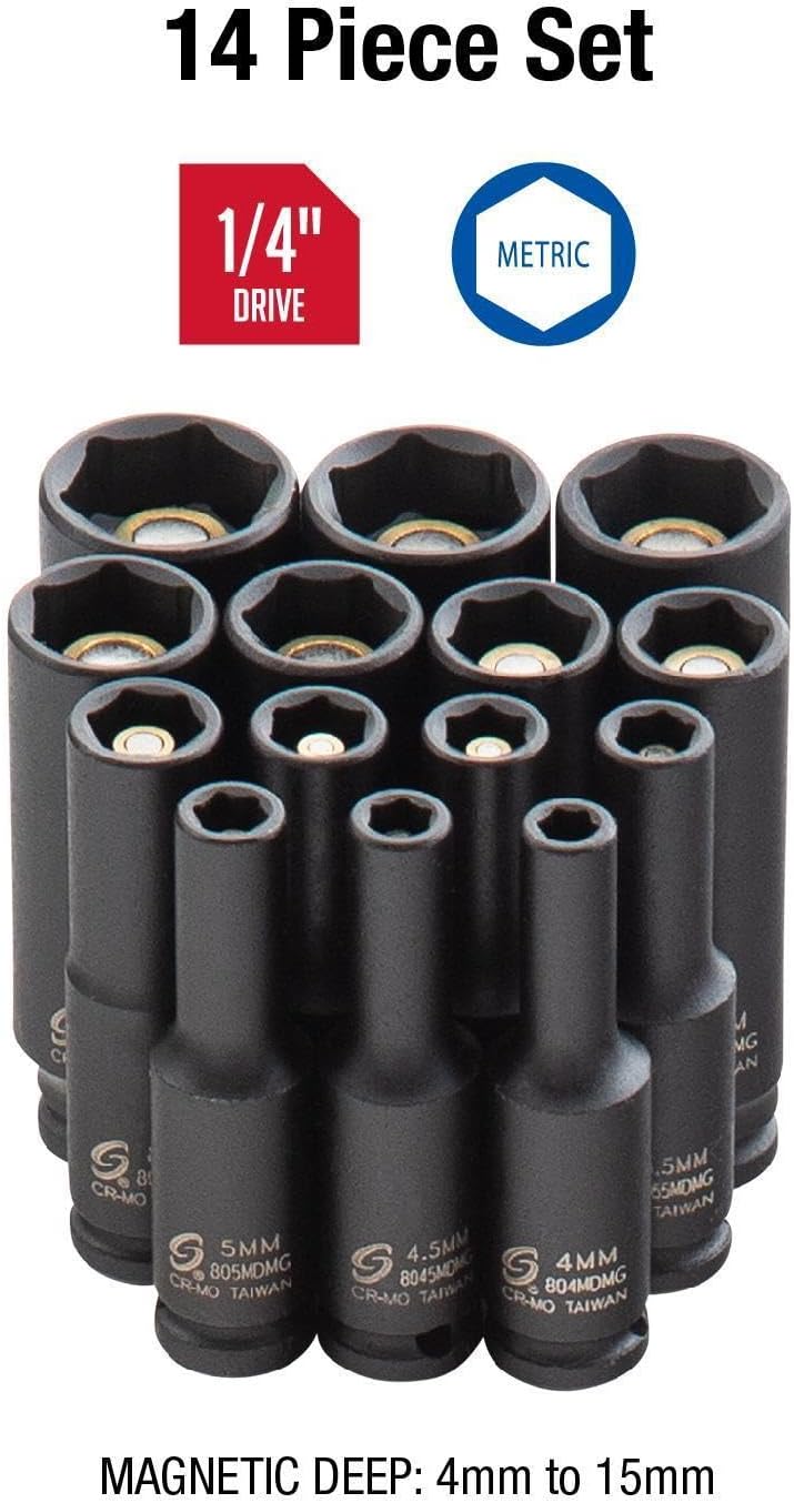 SUNEX TOOLS 1831, 1/4 Inch Drive Deep Magnetic Impact Socket Set, 14-Piece, Metric, 4mm - 15mm, Cr-Mo Alloy Steel, Heavy Duty Storage Case, Meets ANSI Standards
