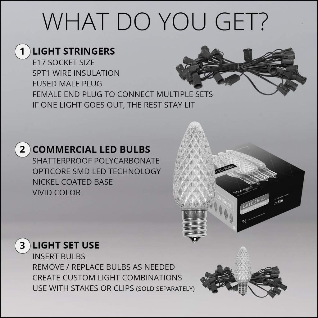 Wintergreen Lighting 25 C9 OptiCore LED Commercial Outdoor Christmas Lights – Heavy Duty Christmas String Lights; Green Wire (25 ft, Warm White)