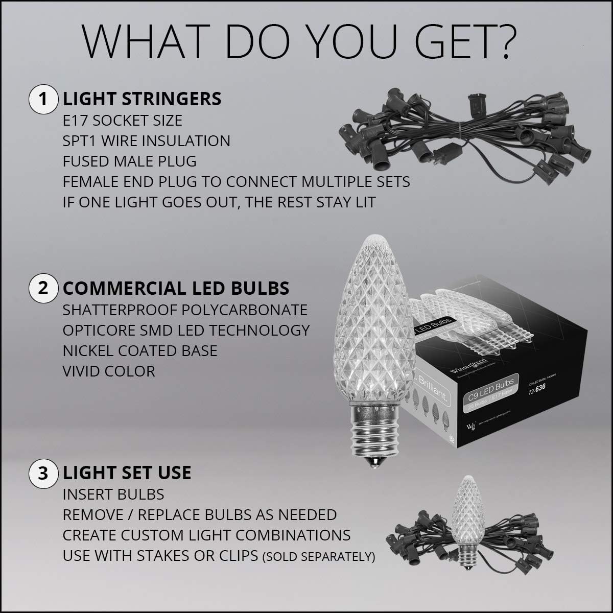 Wintergreen Lighting 25 C9 OptiCore LED Commercial Outdoor Christmas Lights – Heavy Duty Christmas String Lights; Green Wire (25 ft, Warm White)