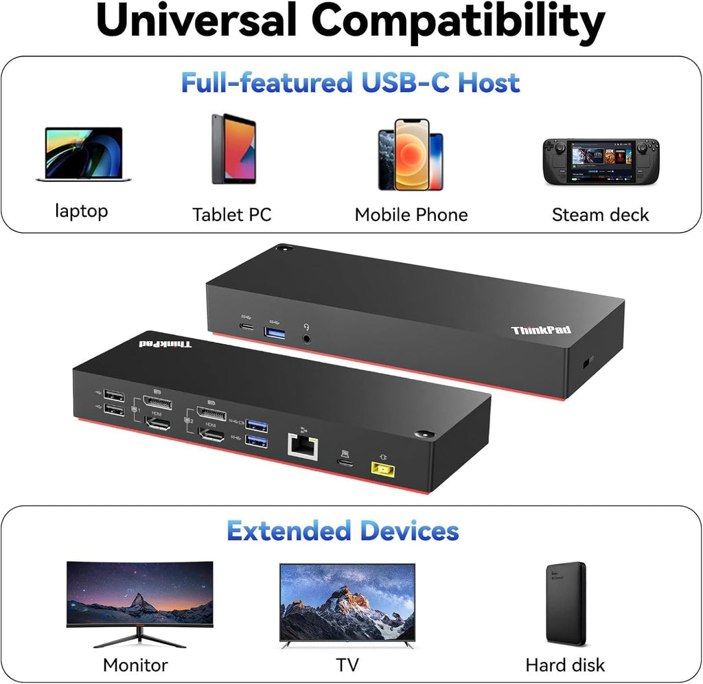 ThinkPad 40AF0135 Universal Hybrid USB-C with USB-A Adapter Docking Station for Lenovo Laptops  Dual Monitor  Comes with ITSPWR HDMI 4K Cable + DP Cable+ Cleaning Cloth