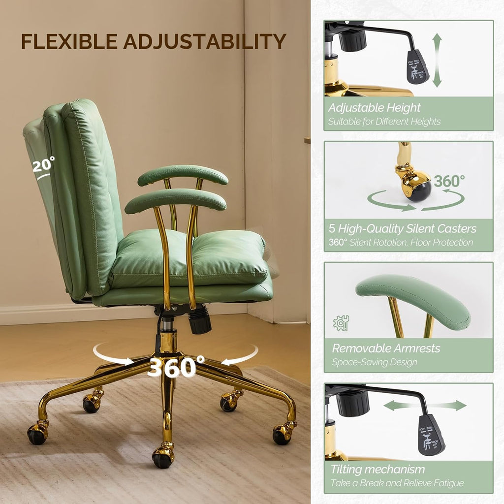 VINGLI Home Office Desk Chair Comfy with Wheels & Removable Armrests,Gold Base Vanity Chair with Back,Adjustable Rolling Swivel Computer Task Chair for Study,Makeup,Office,Cat Scratch PU,Green