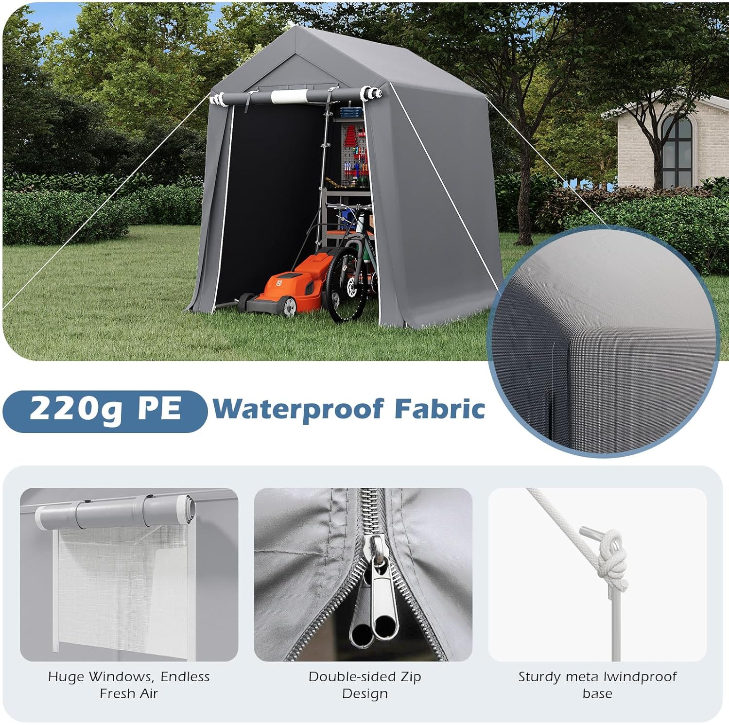EROMMY 6x8 FT Carport Storage Shed, Heavy Duty Outdoor Storage Shed with Rolled up Zipper Door, Carport Canopy for Motorcycles, Bikes and Outdoor Tools