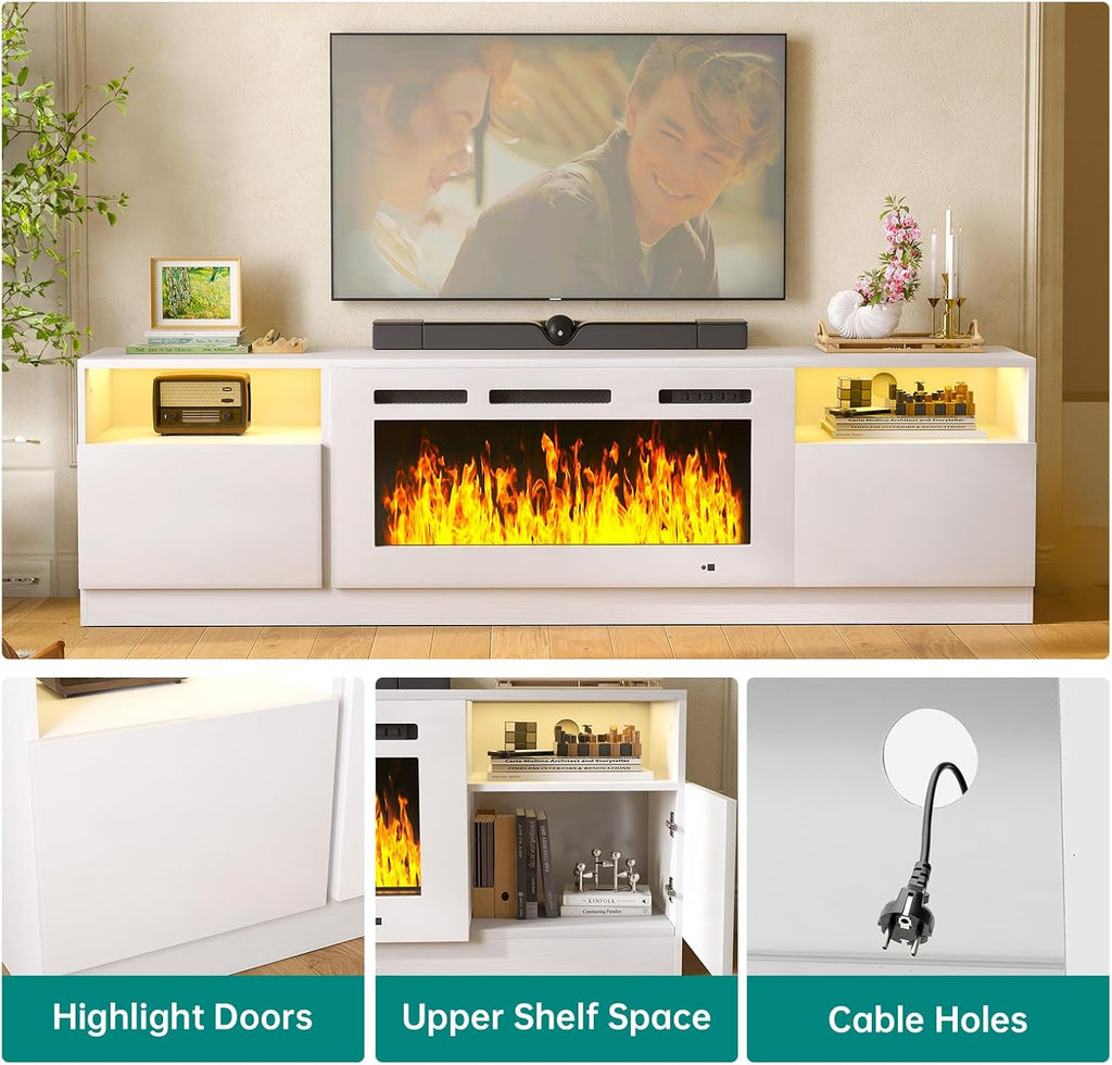 MXV 80" Fireplace TV Stand for TVs Up to 90", LED Light Entertainment Center with 36" Electric Fireplace, Modern Wood Texture TV Media Console with Highlight Storage Cabinet, White-White