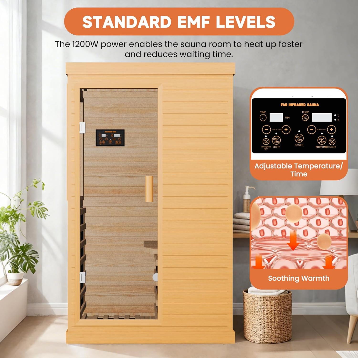 Far Infrared Sauna Home Sauna Spa Room Canadian Hemlock Wood 1200W Indoor Saunas Low EMF 110V with 7 Color Light and Tempered Glass Door  Room: 35.2 * 27.6 * 61.6Inch