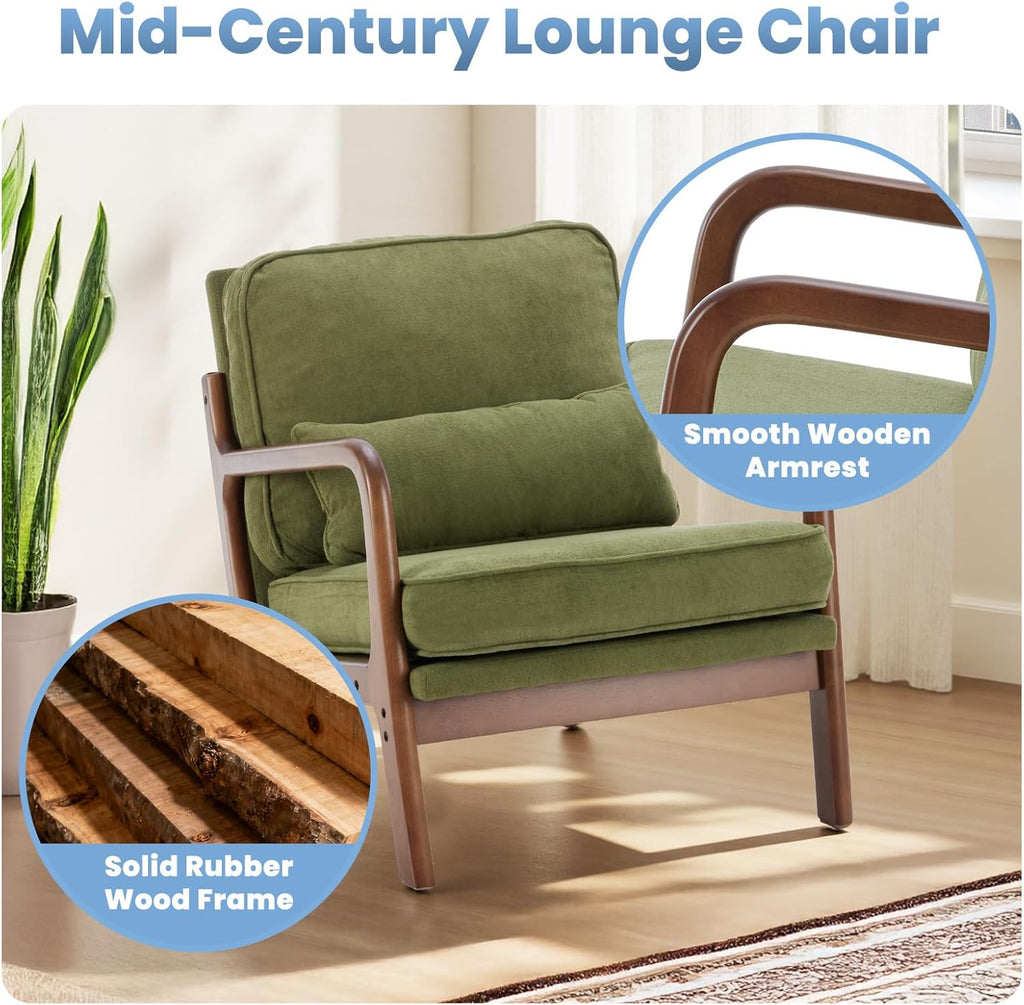 DUMOS Mid Century Accent Chair, Modern Living Room Chairs with Arms and Waist Cushion, Reading Chairs for Adults, Lounge Chair for Bedroom, Solid Wooden Frame, Classic Green