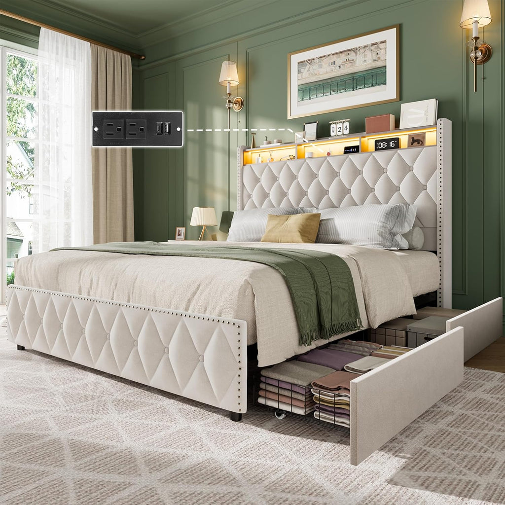 GarveeHome King Size Bed Frame with 50.8 in Tall Headboard, Platform Velvet Upholstered Bed Frame with 4 Storage Drawers, USB Charging Station, Led Lights, No Box Spring Needed, Easy Assembly, Beige